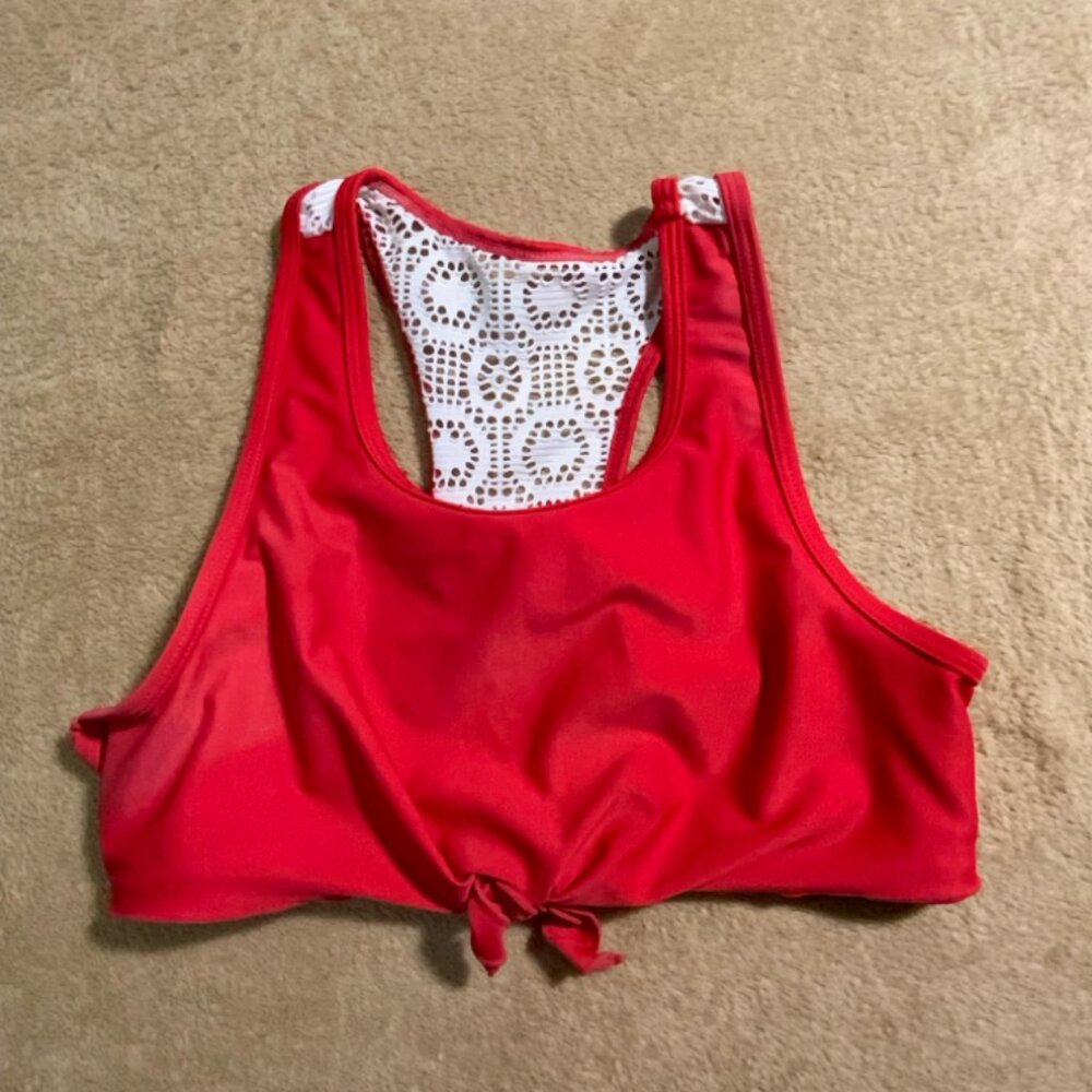 Justice Sz 16 Red Racerback Swimsuit Girls Top‎ White Crochet Design Back (C)